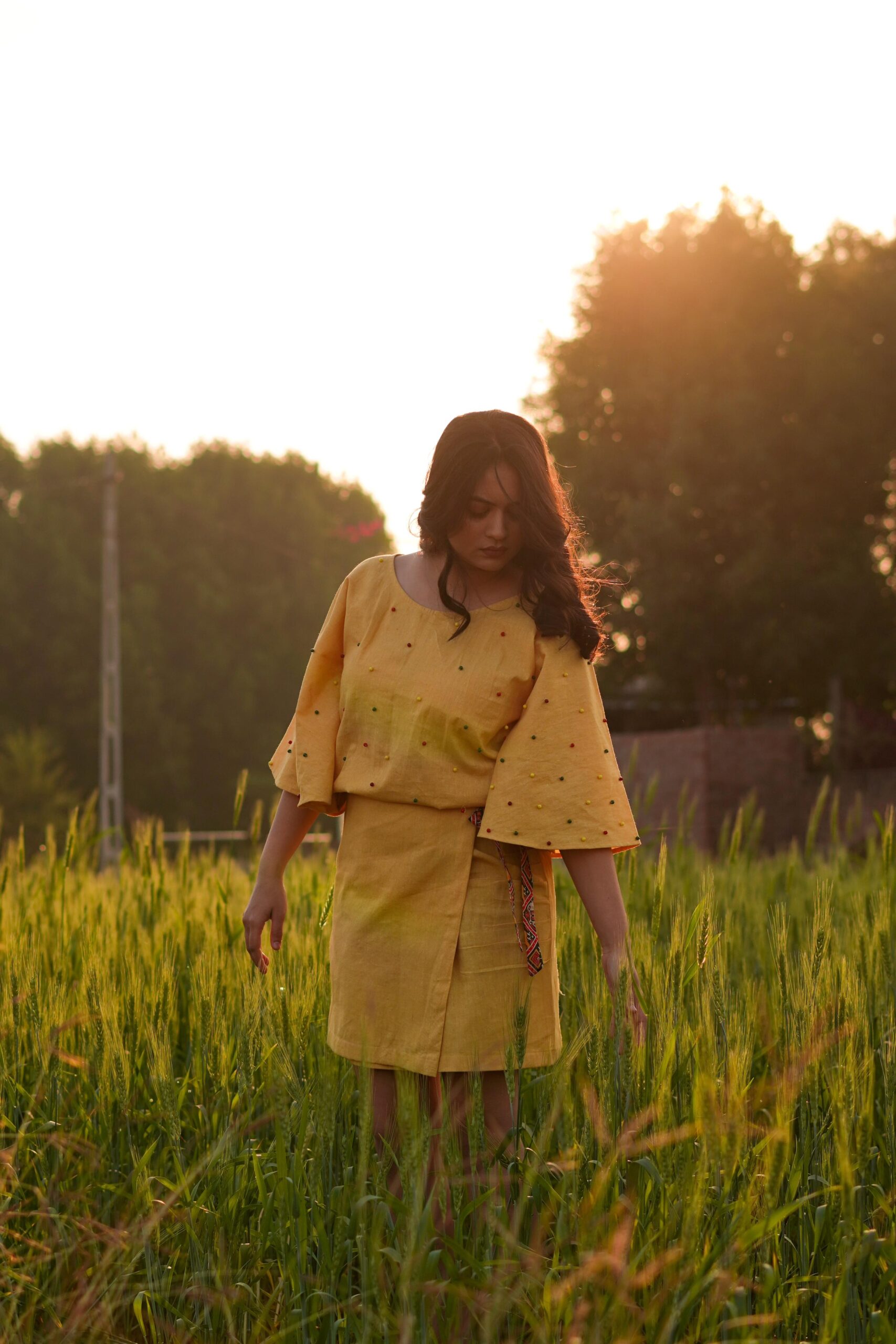 Bright Yellow Cotton Top and Skirt Set for Women